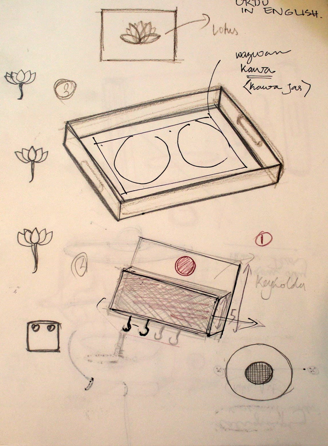 Hand-drawn prototype sketches for new Kashmiri craft products