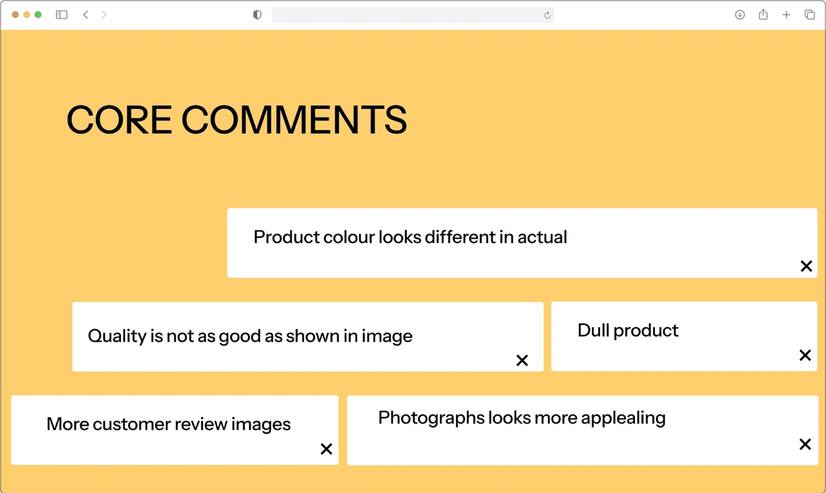 Core comments showing Product colour looks different in actual, Quality is not as good as shown in image, Dull product, More customer review images, Photographs looks more appealing