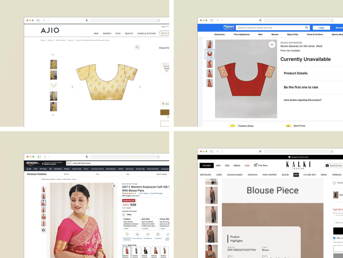 Competitor PDP screenshots showing lack of blouse styling across platforms
